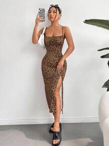 SHEIN EZwear Women's Fashion Slim Fit Leopard Print Slit  Slip Dress,Summer Dresses For Women
Spring Clothes