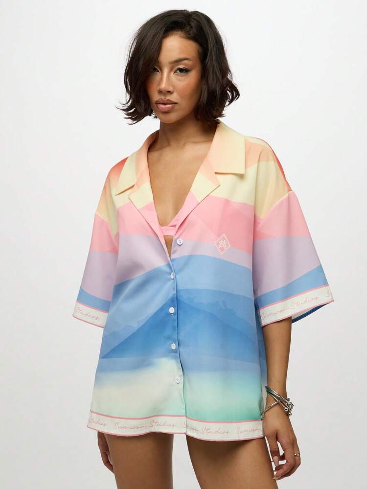 SUMWON WOMEN Button Up Blouse With Rainbow Ombre Watercolor Print