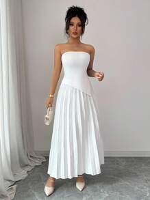 Elenzga Women Bustier Top With Pleated Skirt 2 Pieces Knit Set - White - View 1