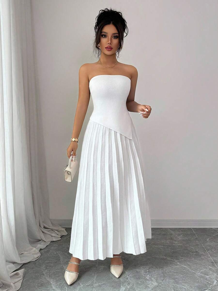 Elenzga Women Bustier Top With Pleated Skirt 2 Pieces Knit Set - White - View 1