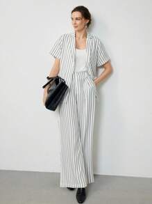 Uhlyne Fall Women Clothes 2pcs Women's Elevated Basic Fashion Set - Stylish Design Slim Fit Solid Color Casual/Work Outfit Striped Set Women Suit Set Striped Two Pieces Set Striped Pantsuit - Black and White - View 3