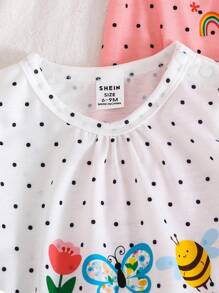 SHEIN Vintaside Kids 女婴三件套昆虫印花连体衣，荷叶边短袖和褶皱下摆，可爱夏季服装 - 彩色 - 查看 6