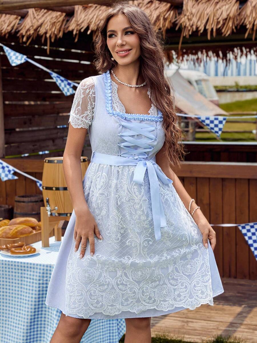 LanaWest Elegancka sukienka z kwadratowym dekoltem, falbaniastym kołnierzykiem, kokardą i kontrastową koronką, idealna na Oktoberfest i Dirndl