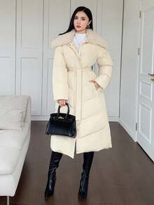 DAZY 女士休闲毛领拼接长袖冬季外套 - 米色 - 查看 6