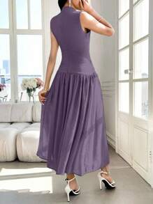 Modelyn Women's Design Sense High Neck Sleeveless Ruched Dress - Purple - View 2