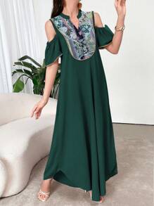 Al Najma 女装夏季度假风拼接印花露肩宽松连衣裙 - 墨綠色 - 查看 6