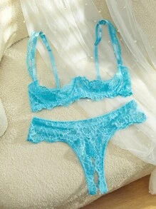SpicyHot 2 件女士蕾丝透明钢圈性感内衣套装，蕾丝文胸和丁字裤套装，外出 - 薄荷綠 - 查看 2