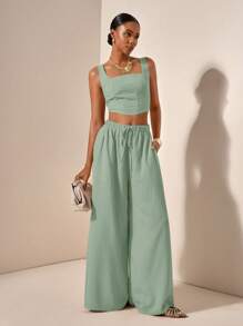 Zivah 新款春夏度假休闲鱼骨背带上衣和阔腿裤带口袋两件套-B，纹理面料 - 薄荷綠 - 查看 4