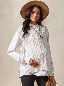 Boho Mama Pregnant Woman Cable Flower Pattern Round Neck Side Tie Knitting Sweater Vest,Fall,Autumn,Winter
