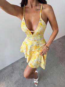 Firerie Ladies New Elegant Yellow Floral Beaded Halter Back Dress With Ruffled Skirt/Butter Yellow Skirt/School Clothes/Ountry Outfits Women /Butter Yellow Dress/Back To School Season/Tea Party/Leisure Vacation