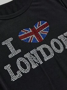 ROMWE J-Fashion Y2K Kpop风格时尚女式短款T恤，迷彩印花，饰有水钻美国国旗和英文文字图案 - 黑色 - 查看 2