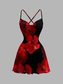 SHEIN SXY Red Hibiscus Print Pattern Spaghetti Strap Mini Dress, Suitable For Holidays, Music Festivals, Seaside Vacation, Romance, Beach, Summer Hibiscus Dress Women Swim Dress Red Floral Dress Beach Dress Suitable For Going Out Chic Dress - Multicolor - View 3