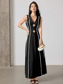 Heiryn Robe élégante à empiècement contrastant sans manches pour femme