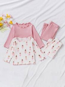 SHEIN 4 件套女婴休闲可爱芭蕾女孩图案粉色 2 件长袖上衣 + 2 件裤子套装，秋冬 - 彩色 - 查看 3