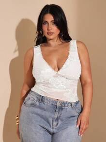 SHEIN BAE Blusa sin mangas con escote en V y ribete de encaje, elegante y sexy, para mujer de talla grande. Adecuada para vacaciones, citas diarias, salidas nocturnas, discotecas, fiestas, fiestas en la piscina, vacaciones casuales, y uso en la playa.