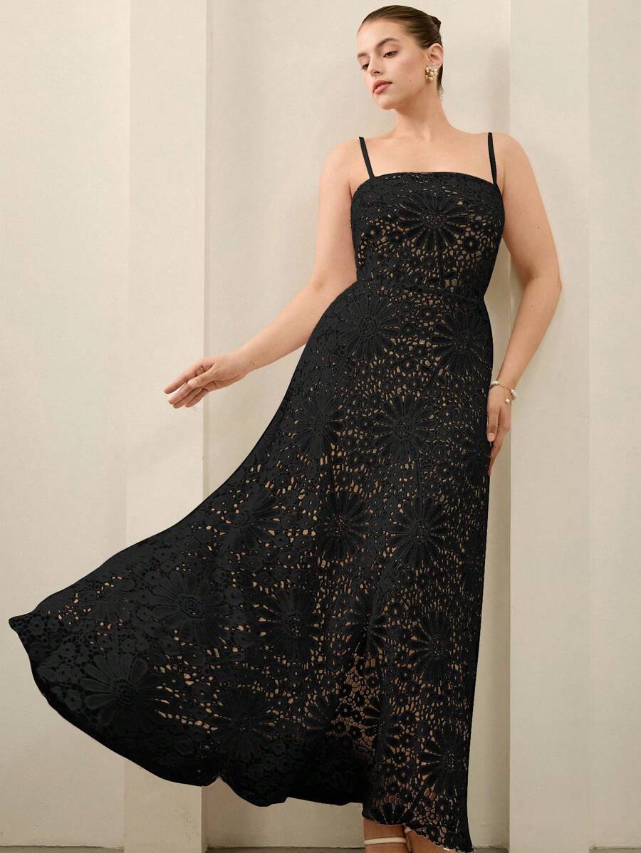 Aveloria Rosie Váy chữ A dài hở vai thêu hoa thanh lịch, gợi cảm cao cấp, thích hợp cho mùa cưới, tiệc cocktail, cỡ lớn - màu đen - Xem 1