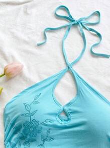 Soleia Women's Romantic Vacation Turquoise Knit Halter Hollow Floral Rhinestones Embellished Mini Dress, Suitable For Holiday Dates, Afternoon Tea, Beach, Cruise, Urban Getaway, Wedding Season, Music Festivals, Boho Vacation Halter Top Beach Top Rhinestone Top - Mint Blue - View 5