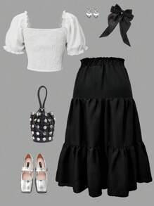 2 件套青少年女孩可变式露肩泡泡袖上衣和蝴蝶纹理长裙套装，适合外出和度假 - 白色 - 查看 2