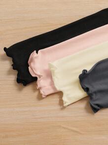 SHEIN 4件套青少年女孩休闲罗纹荷叶边下摆长袖修身T恤