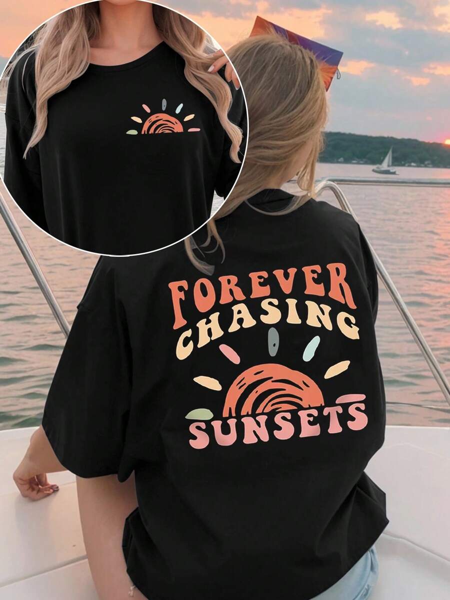 EMERY ROSE Áo thun tay ngắn cỡ lớn dành cho nữ có in họa tiết khẩu hiệu, phù hợp cho mùa hè Áo thun họa tiết FOREVER CHASING SUNSETS dành cho nữ - màu đen - Xem 1