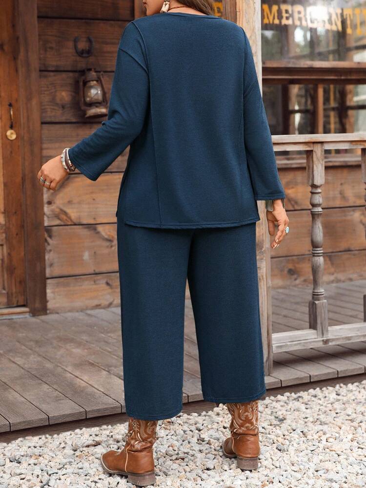 Plus Size Vacation Casual Solid Dark Blue Color Long Sleeve & Pants 2 Pieces Set, Summer Outfits For Women,Vacation Outfits For Women,Holiday Outfits Boho,Autumn,Fall Women's Clothes,Fall Clothes,Country Concert Outfit,Old Money Style Women,Country Outfits Women