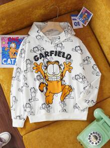 GARFIELD | SHEIN Áo nỉ dáng rộng, vai rớt, in hình hoạt hình dành cho bé gái tuổi teen, phong cách thường ngày cho đầu thu đông. - trắng - Xem 1