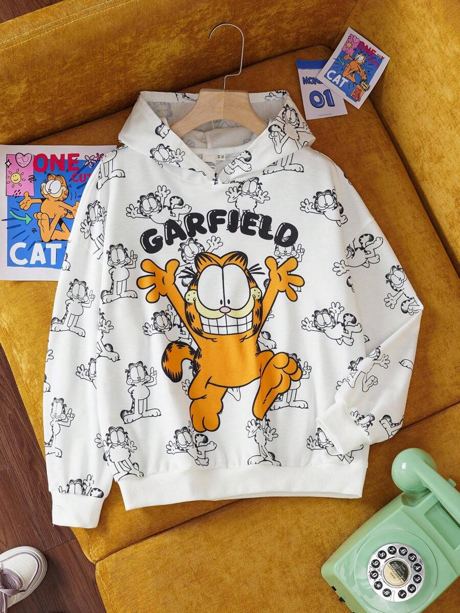 GARFIELD | SHEIN Áo nỉ dáng rộng, vai rớt, in hình hoạt hình dành cho bé gái tuổi teen, phong cách thường ngày cho đầu thu đông. - trắng - Xem 1