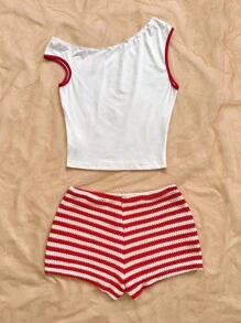 Soleia 2 件套女士度假装：红白条纹针织露肩上衣和超低腰修身短裤，适合派对、圣诞节、情人节、约会、海滩、游轮、狂欢节、复活节 - 紅色 - 查看 2