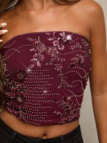 SHEIN BAE Áo ống hở lưng đính hạt sequin màu đỏ rượu vang, thanh lịch và gợi cảm, thích hợp cho các bữa tiệc tối, tiệc hóa trang, đêm hẹn hò, tụ tập câu lạc bộ đêm, trang phục dự tiệc, mùa thu và mùa đông, lễ hội âm nhạc Chicago, hòa nhạc đồng quê, áo Y2k Y2k, Halloween, áo ống, rave, áo sequin, techno, phụ nữ boho, lễ hội rave, câu lạc bộ, phương Tây dành cho phụ nữ, halloween, trang phục halloween - Màu đỏ tím - Xem 7