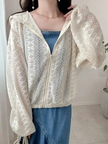 FRIFUL 女士连帽落肩长袖拉链下摆蕾丝透视宽松休闲常规外套，适合外出、机场旅行、度假等场合。 - 白色 - 查看 6