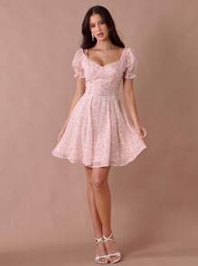 Enchnt Váy công chúa mini dễ thương in hoa màu hồng san hô pastel lãng mạn dành cho nữ, cổ tròn tay bồng, ren trang trí dễ thương - Nhiều màu - Xem 4