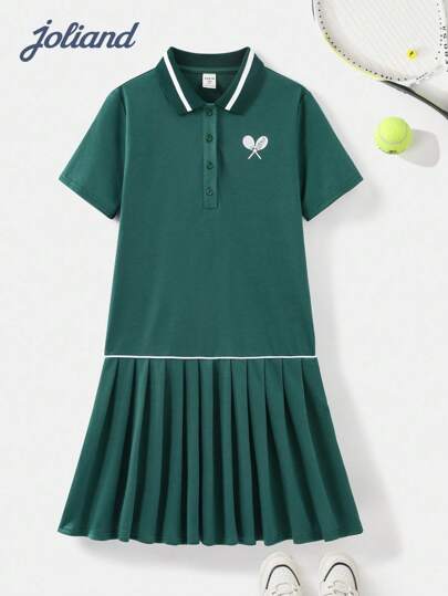 Joliand 1pc Tween Girls Graceful Campus Casual Urban Tennis Racket Graphic White Stripe Polo Collar Short Sleeve Green Dress, Suitable For Outings, Gatherings, Back To School, Winter, Autumn Girls Tennis Dress Girls Polo Dress Green Girls Dress Toddler Tennis Dress Green Dress For Girl Girls Green Polo Dress