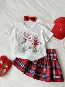 Young Girl 2pcs Set: Knitted Crew Neck T-Shirt & Plaid Skirt