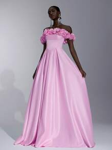 优雅奢华的露肩粉色 3D 花卉缎面舞会礼服，配有超大裙摆和拖尾，适合婚礼、生日派对、舞会、庆典、度假（大量装饰） - 粉色 - 查看 7