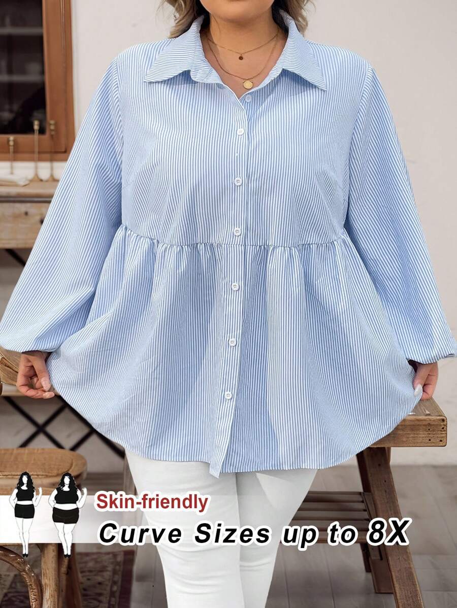 SHEIN CURVE+ 大码春夏女式休闲条纹灯笼袖衬衫，春季娃娃衫 - 藍白色 - 查看 1
