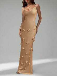 SHEIN Tall 女士 3D 花卉装饰吊带背心连衣裙 - 卡其色 - 查看 5