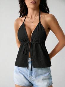 SHEIN PETITE 女士夏季休闲 V 领露背纹理面料白色背心，适合派对、节日、约会、情人节、下午茶 - 黑色 - 查看 6