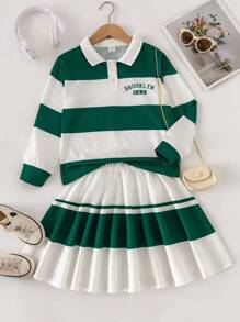 Sparklyn 青少年女孩运动衫套装 - 新款长袖运动衫搭配迷你裙套装，绿白条纹套装，舒适合身两件套，带有美国布鲁克林图案印花 - 彩色 - 查看 1