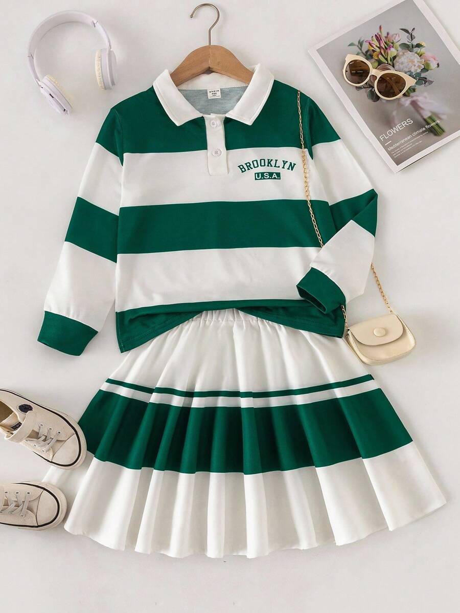 Sparklyn 青少年女孩运动衫套装 - 新款长袖运动衫搭配迷你裙套装，绿白条纹套装，舒适合身两件套，带有美国布鲁克林图案印花 - 彩色 - 查看 1