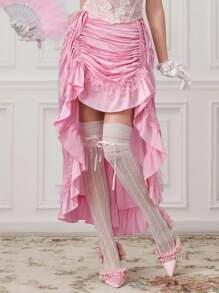ROMWE EDITION 女士优雅纯色荷叶边抽绳裙 - 粉色 - 查看 1