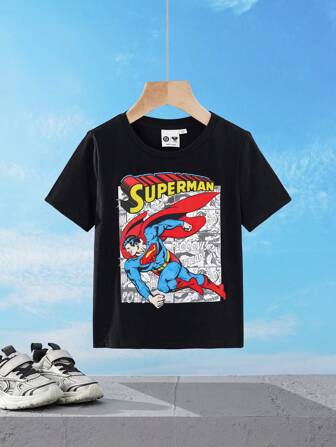 SUPERMAN X SHEIN Maglietta girocollo aderente per ragazzi con motivo a cartoni animati, bianco e nero, primavera/estate
