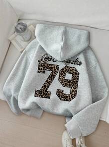 Tween Girl' Casual Fashionable Grey 79 Leopard Print & Letter Slogan Graphic Drawstring Sweatshirt Leopard Print Sweatshirt Grey Sweatshirt Tween Girl Sweatshirt Teen Sweatshirt Y2k Sweatshirt Fall Winter - Light Grey - View 3
