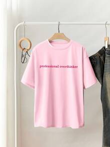 INAWLY Women's Standard Size Slouchy Short Sleeve Round Neck T-Shirt, Fashionable For Summer - Pink - View 3