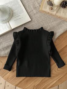 SHEIN LMoss Kids LMoss 女婴秋冬可爱纯色简约荷叶边长袖毛衣黑色上衣女婴黑色长袖上衣女婴黑色上衣女婴荷叶边上衣黑色女婴衬衫黑色荷叶边上衣女婴黑色衬衫女婴黑色长袖衬衫女婴黑色针织衫黑色女婴秋季上衣 - 黑色 - 查看 2