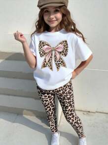 SHEIN GraphicGems Set de 2 piezas de camiseta de manga corta con estampado de leopardo con lazo similar a rhinestone y leggings de estilo casual para niñas preadolescentes, para verano