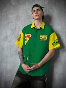 TEENAGE MUTANT NINJA TURTLES | SHEIN Men's Casual Street Cartoon Pizza & Letter Graphic Color Block Loose Fit Shirt, Summer