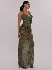 MUSERA Elegantes, sexy Maxikleid mit Wasserfallausschnitt, floralem Muster, schulterfreiem Besatz und lockerer Passform – perfekt für Sommerhochzeiten, Geburtstage, Abschlussbälle und Schulabschlussfeiern. - Dunkelgrün - Übersicht 2