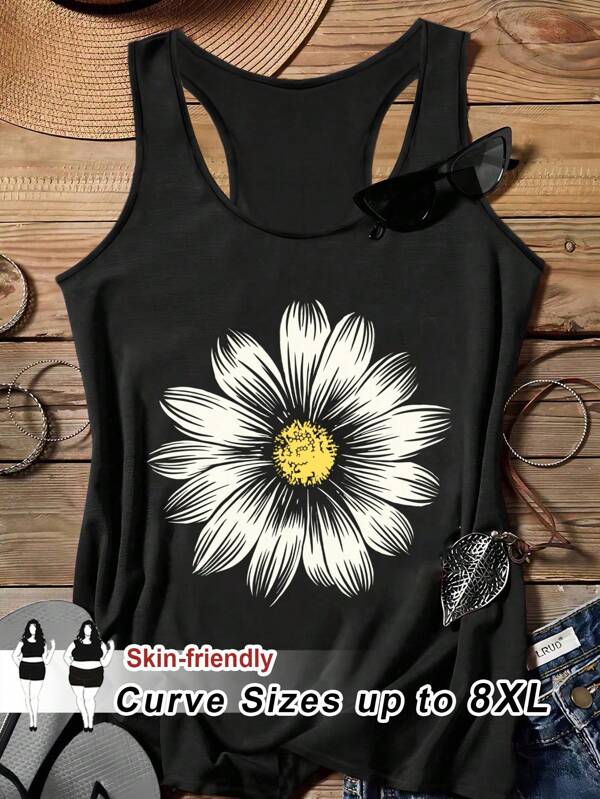 SHEIN CURVE+ Plus Size Casual Loose Daisy Print Camisole, Minimalist Summer Sleeveless Vest For Plus Size