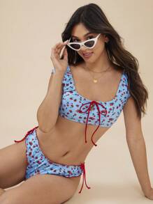 WESTFADE Floral Print Mid Rise High Cut Leg Semi Cheeky Coverage Adjustable Bow Tie Side Bikini Bottoms Summer Beach Vacation - Blue - View 3