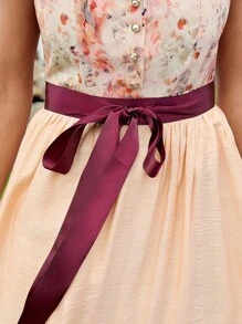 LanaWest Spring And Summer Sleeveless Square Neckline Printed Ribbon Apron Dress, Dirndl - Orange - View 5